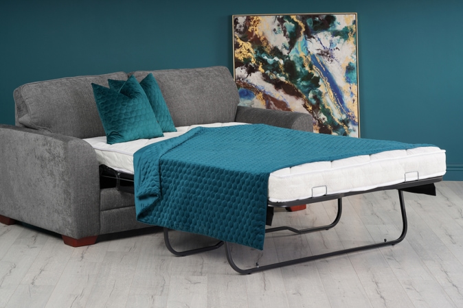 Front view showcasing the stylish design of the Bernardo Darwin Charcoal Fabric Sofa Bed