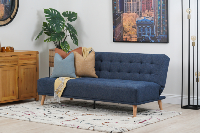 Front View of Studio Navy Fabric 3 Seater Sofa Bed